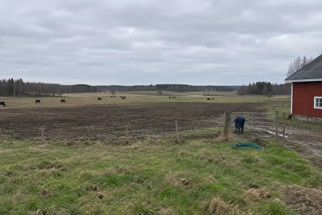Vidsträckt gårdslandskap med betande kor, en röd lada och en person vid en grind, en stund av nedvarvning på landet.