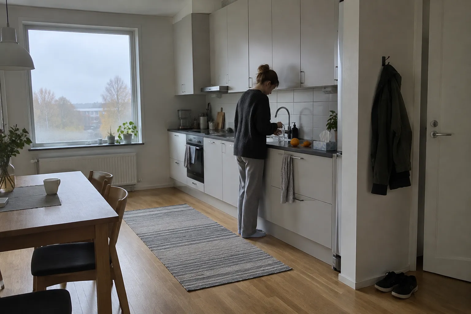 Person fyller glas med vatten i köket en grå morgon, apelsin och pappersnäsdukar på bänken. Förkylningstiderna är här.
