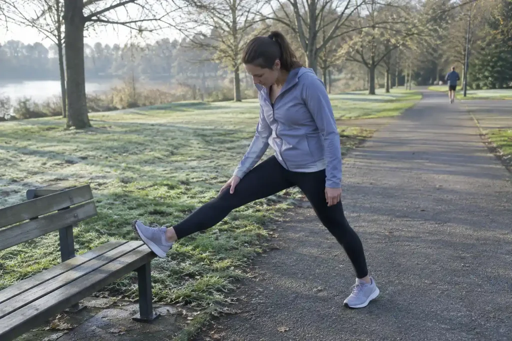 Kvinna stretchar ena benet mot en bänk på parkstig i morgonljus, en stunds nedvarvning under promenaden.