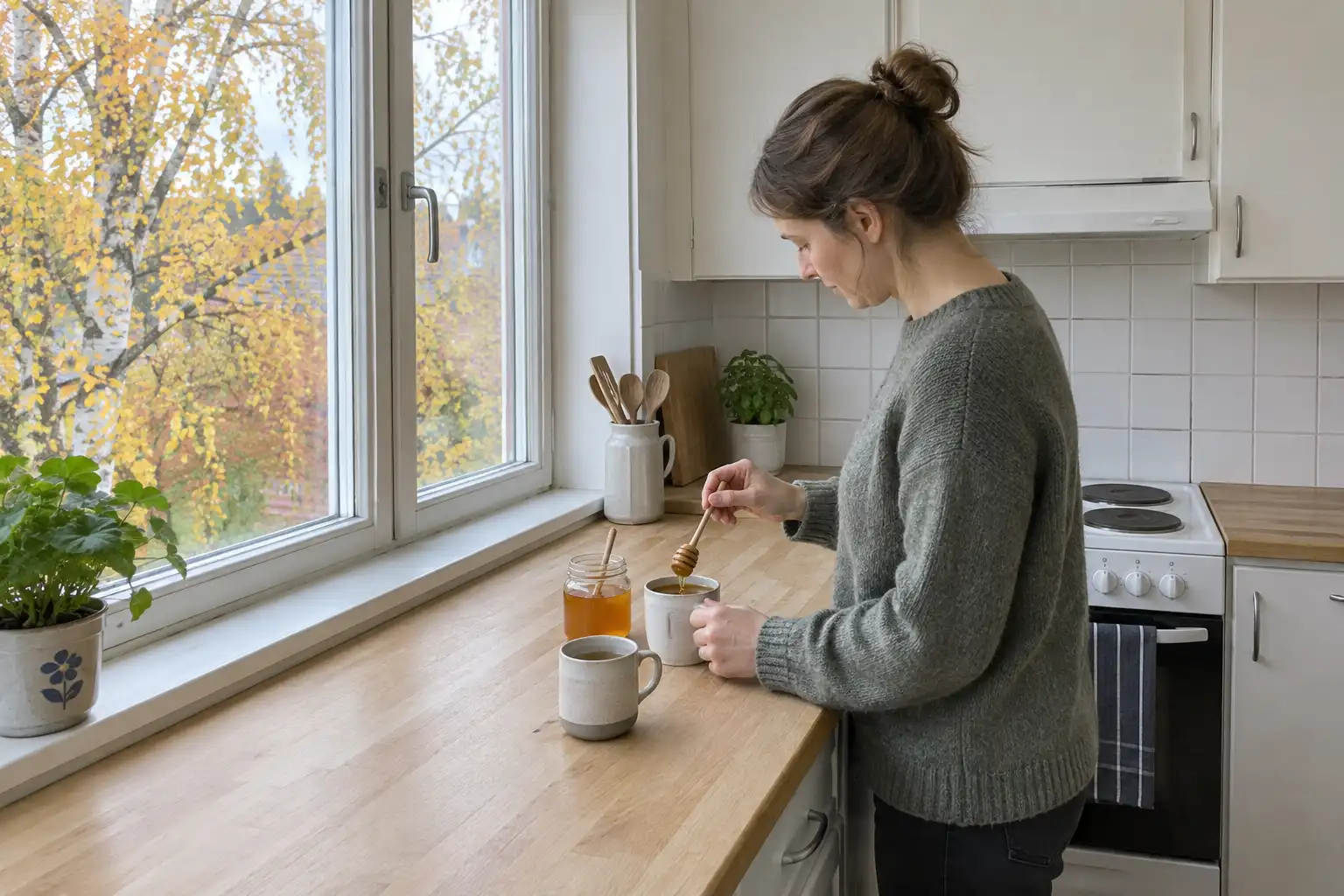 Kvinna rör ner honung i en tekopp i ett höstligt kök med björkblad utanför fönstret