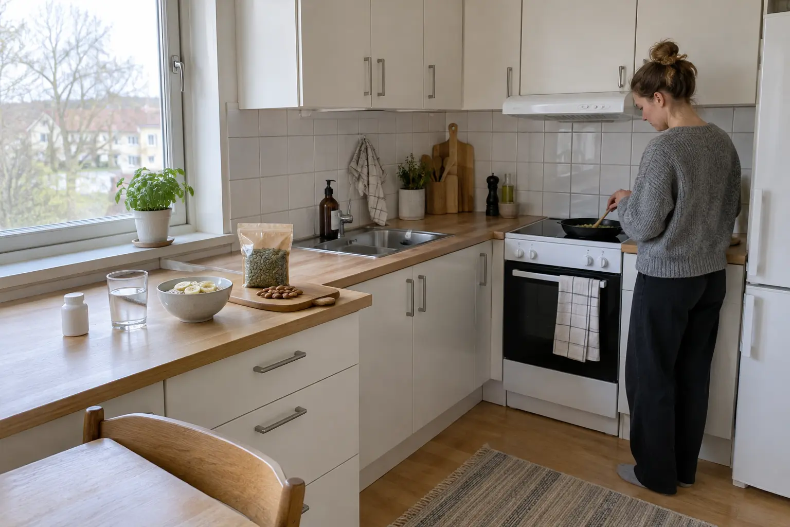 Kapslar med magnesium glycinat bredvid havregryn och vatten i ett svenskt kök