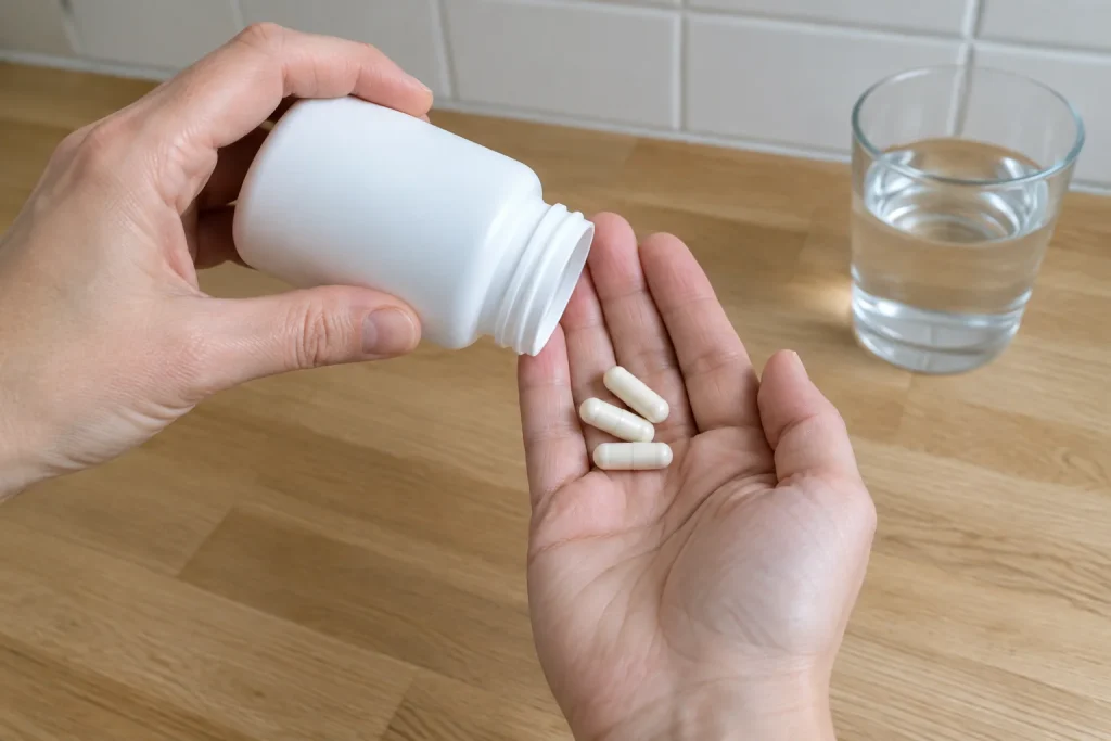 Händer som häller magnesium glycinat-kapslar från en vit burk i handflatan