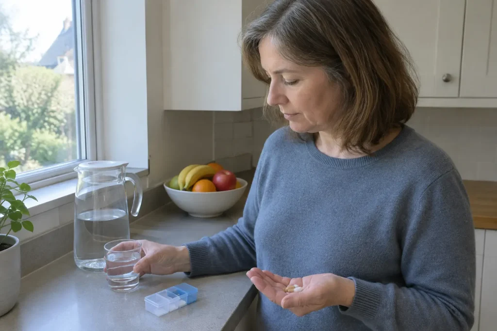 Kvinna i köket håller kapslar med magnesium glycinat i handen och tar ett glas vatten