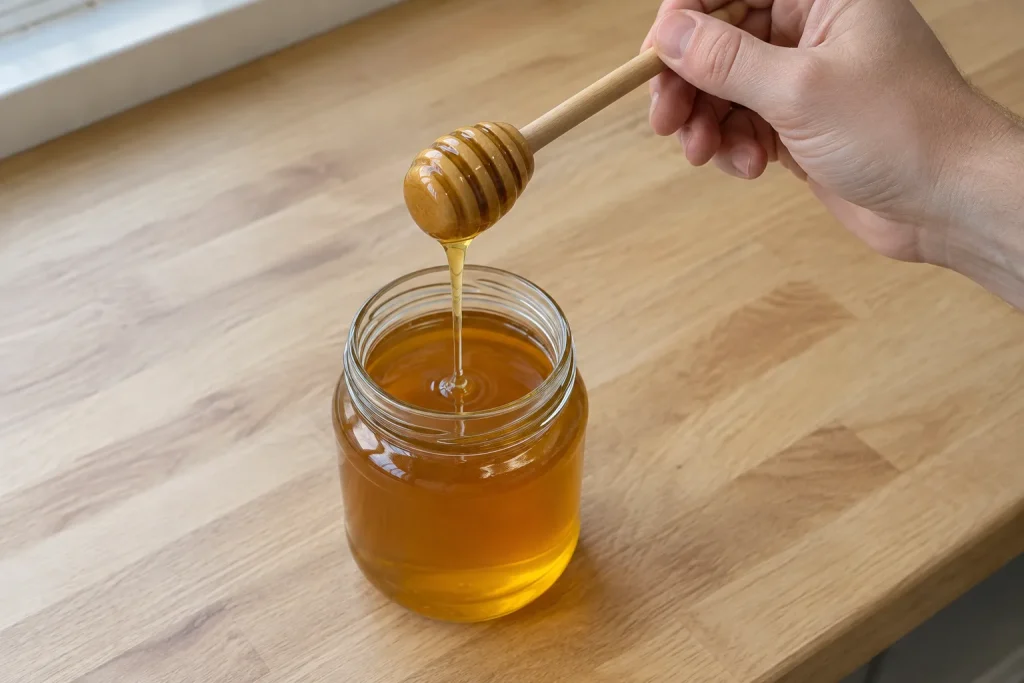 Honung rinner från en träslev ner i en glasburk, höstens gyllene favorit i köket och mot hostan