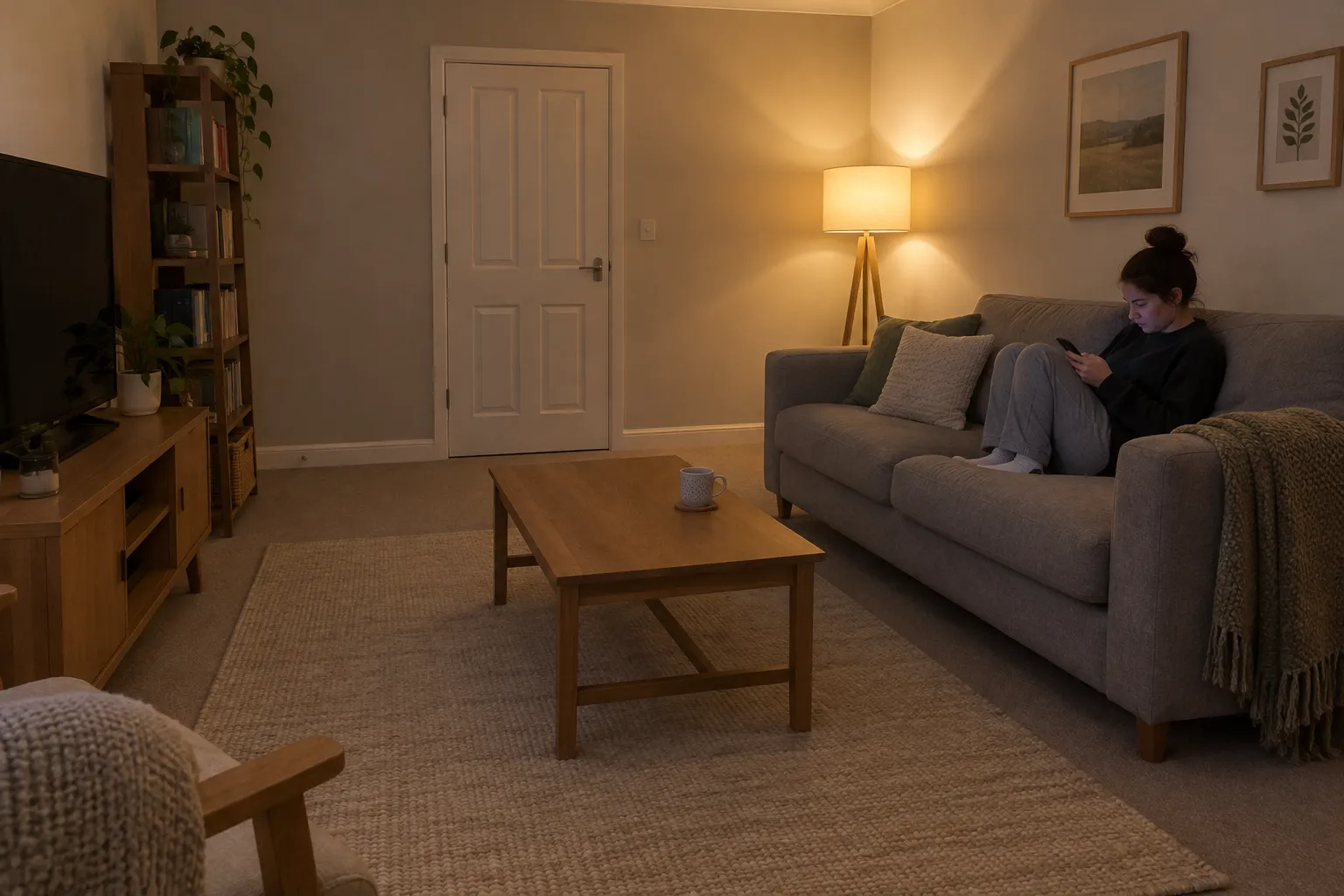 Person på soffa med mobilen sent på kvällen, om att offra sömn för egentid
