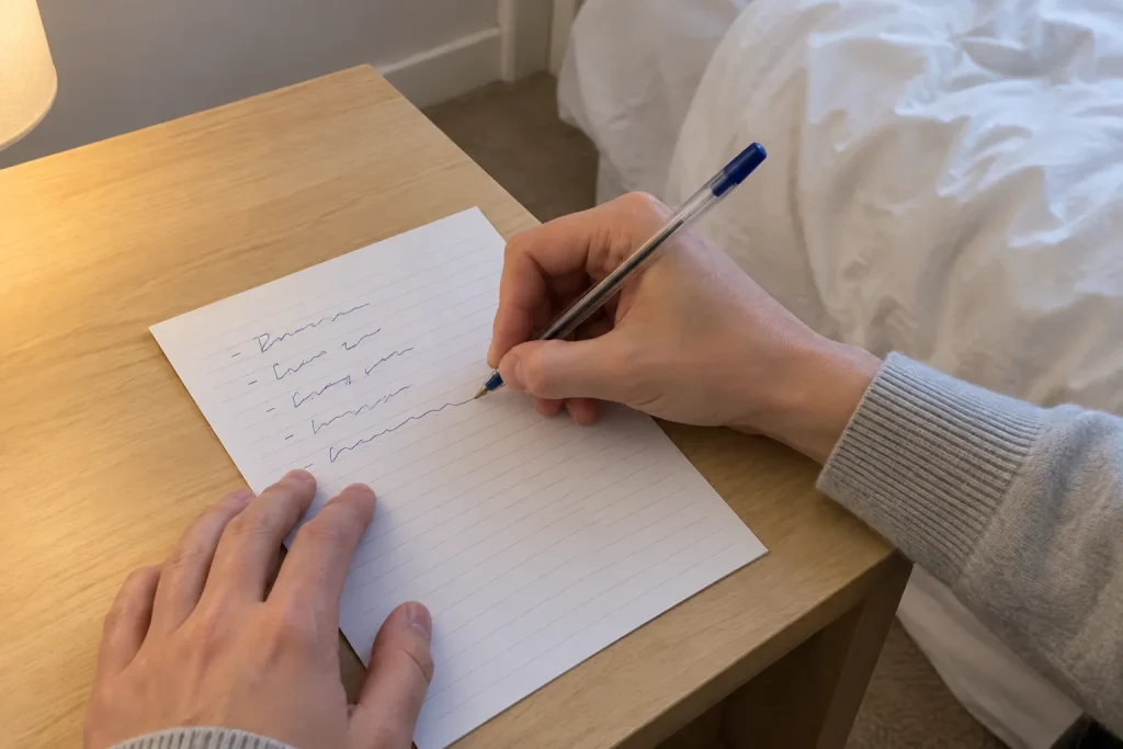 Händer skriver att-göra-lista vid sängbordet, till artikeln Offrar du sömn för egentid? Så gör du det hanterbart