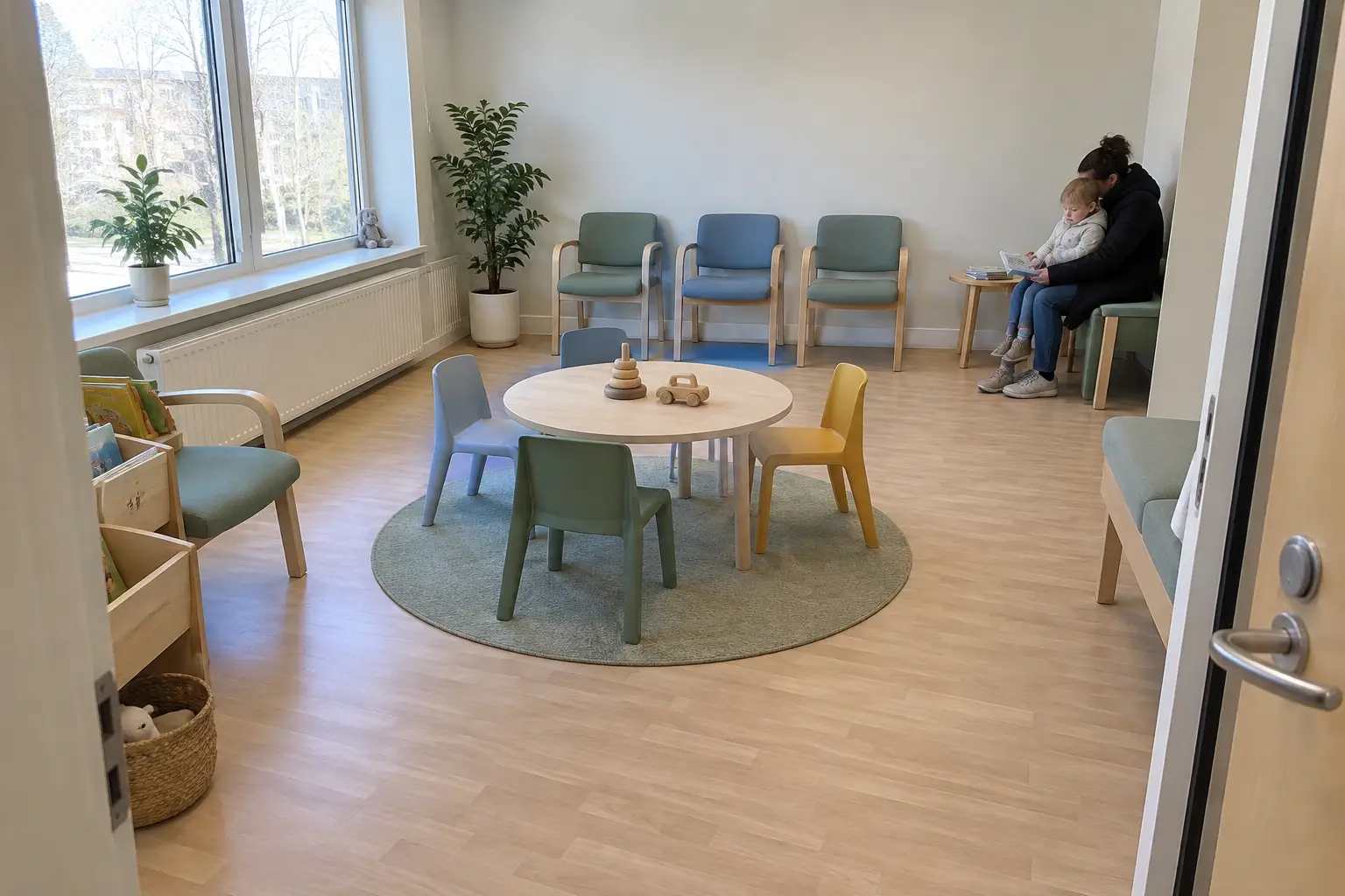 Väntrum på barnklinik där ett barn med öroninflammation bläddrar i en bilderbok i förälderns knä