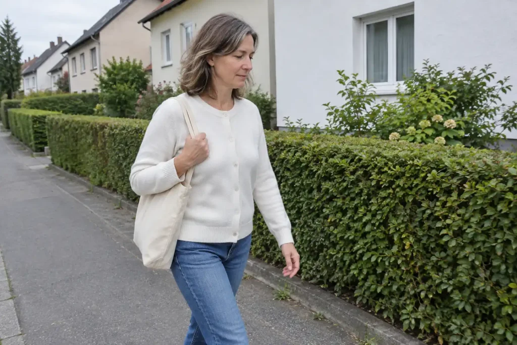 Medelålders kvinna promenerar på lugn villagata, ett vardagsfoto vid artikeln om b12 brist symtom
